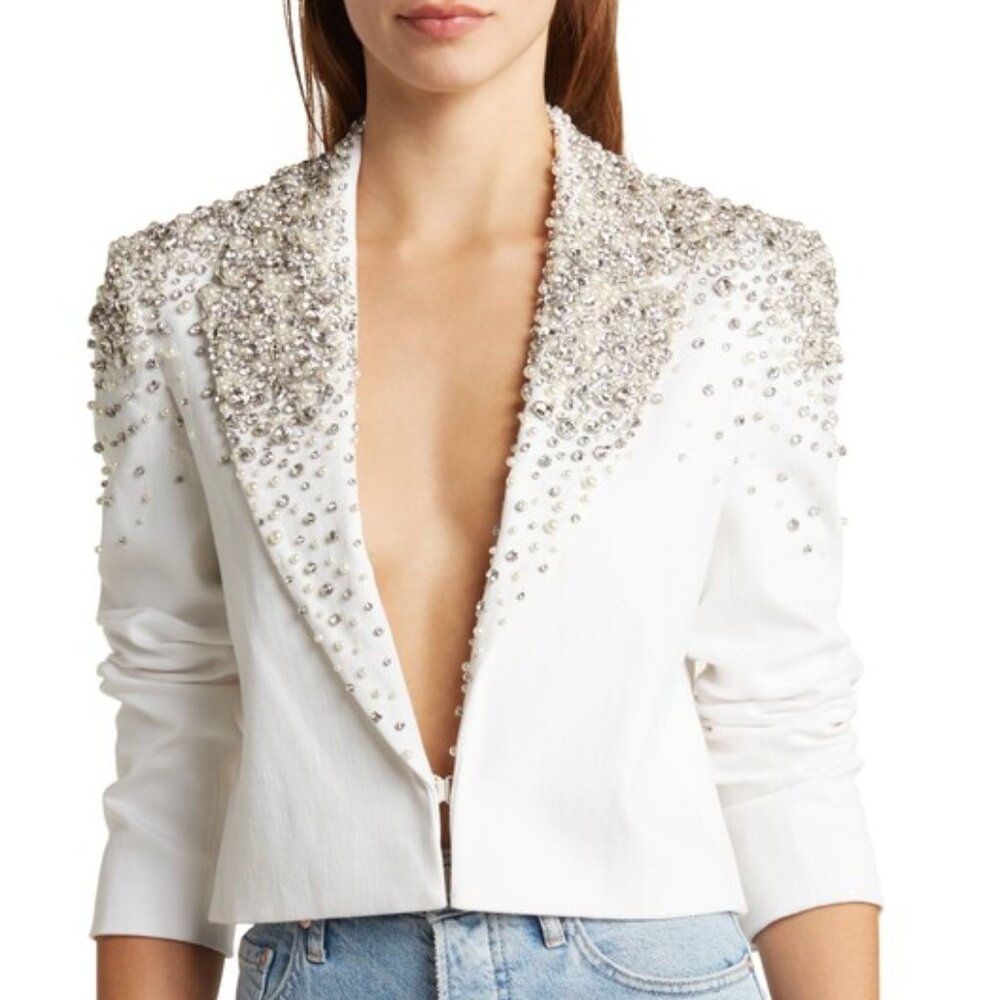 Alice & Olivia IVAN CRYSTAL EMBELLISHED CROPPED WHITE DENIM BLAZER Size S RARE